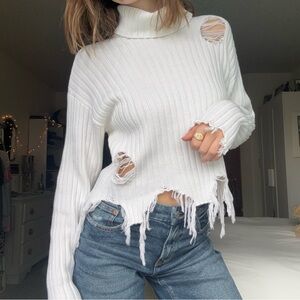 forever 21 white distressed turtleneck cropped sweater